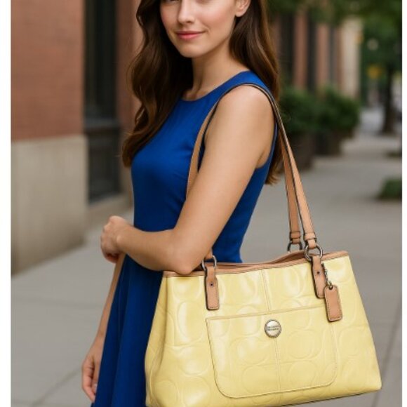 Coach Signature Shoulder Bag Yellow Patent Leather Embossed Purse F25487 - Picture 1 of 12